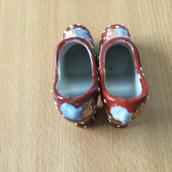 Pair of Vintage Ceramic Polka Dot Shoes Made in Japan high heel flowers mini 2" - Picture 5 of 5